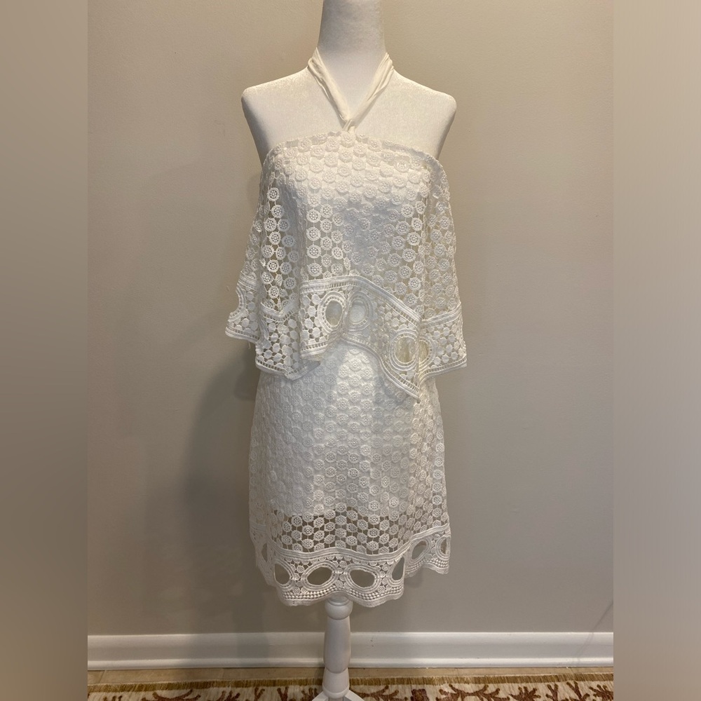 White crochet pattern halter dress